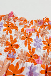 Orange Ruffled Sleeve Smocked Floral Top | Tops/Blouses & Shirts