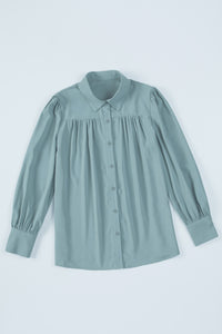 Sky Blue Solid Color Button Up Puff Sleeve Blouse | Tops/Blouses & Shirts