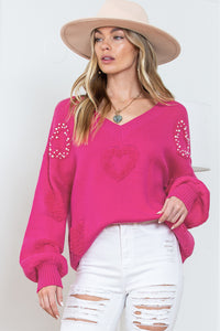 Rose Red Fuzzy Hearts V Neck Sweater