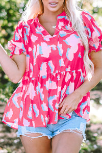 Rose Abstract Print Smocked Puff Sleeve V Neck Blouse | Tops/Blouses & Shirts