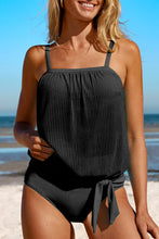 Load image into Gallery viewer, Black Striped Mesh Knotted Hem Tankini Swimsuit
