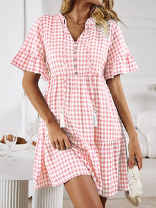 Mini Dress | Plaid Flounce Sleeve Buttoned