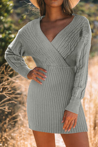 Gray Cable Ribbed Knit V Neck Bodycon Sweater Dress | Dresses/Sweater Dresses