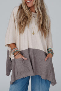 Split Side Poncho | Pale Khaki Color Block Ribbed Knit