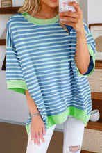 Load image into Gallery viewer, Hi Low T Shirt | Sky Blue Stripe Oversized Contrast Trim Top
