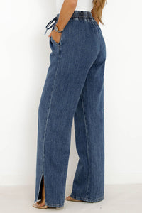 Wide Leg Jeans | Dark Blue Drawstring Elastic Waist