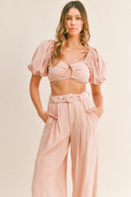 Load image into Gallery viewer, Crop Top Pants Set | Cut Out Drawstring Crop Top and Belted Pants Set
