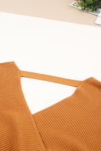 Load image into Gallery viewer, Brown Rib Knit Surplice Neck Belted Peplum Sweater | Tops/Sweaters &amp; Cardigans
