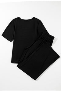 Wide Leg Pants Set | Black Solid Color T Shirt 2 Piece Set