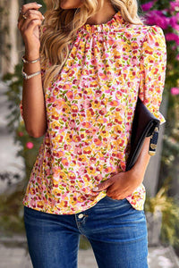 Orange Boho Floral Ruffle Short Sleeve Frill Mock Neck Blouse | Tops/Blouses & Shirts