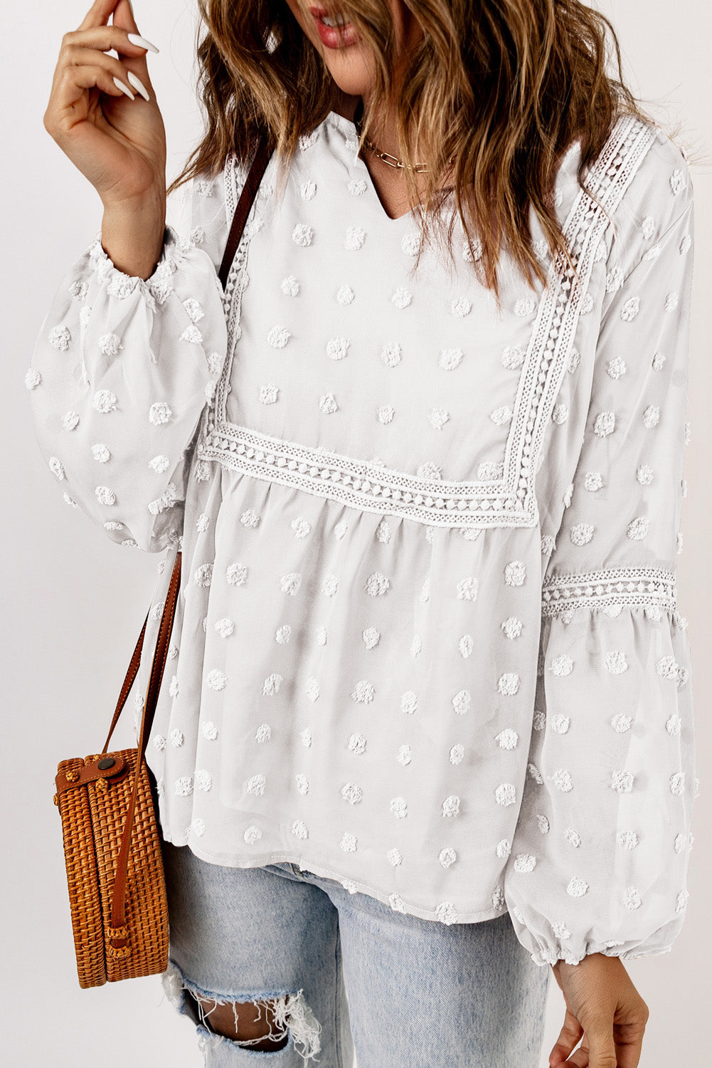 White Swiss Dot Split Neck Ruffle Babydoll Blouse | Tops/Blouses & Shirts