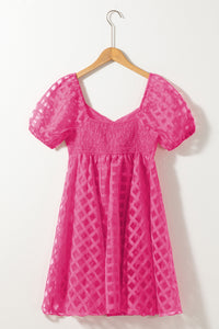 Strawberry Pink Checkered Puff Sleeve Babydoll Dress | Dresses/Mini Dresses