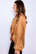 Load image into Gallery viewer, Puff Sleeve Blouse | Camel Satin Pleated Tied V Neck Top
