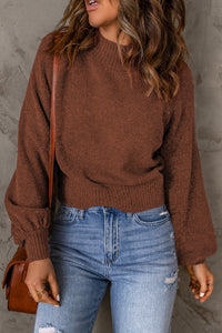 Brown Solid Color Lantern Sleeve Knitted Sweater | Tops/Sweaters & Cardigans