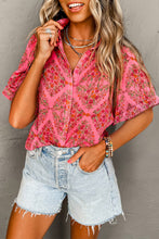 Load image into Gallery viewer, Rose Red Floral Print Wide Short Sleeve Loose Shirt | Tops/Blouses &amp; Shirts
