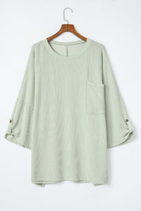 Oversized Top | Green Ribbed Roll-Tab Sleeve Chest Pocket