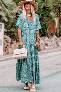 Sky Blue Paisley Print Boho Holiday Ruffle Tiered Maxi Dress | Dresses/Maxi Dresses