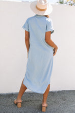 Load image into Gallery viewer, Sky Blue Chambray Shirt Short Sleeves Midi Dress
