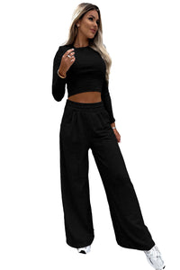 Crop Pants Set | Two-Piece Black Crop Top and Wide Leg Pants