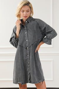 Denim Mini Dress | Gray Buttoned Long Sleeve