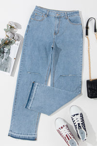 Light Blue Distressed Slit Leg Raw Edge Straight Jeans | Bottoms/Jeans