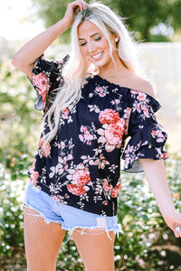 Blue Ruffle Off Shoulder Flounce Sleeve Floral Blouse | Tops/Blouses & Shirts