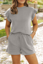 Load image into Gallery viewer, Drawstring Shorts Set | Gray Textured Ruffle Split Top and Shorts
