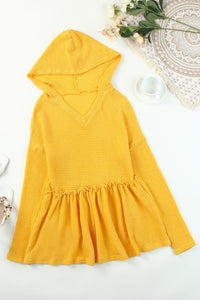 Yellow V Neck Drop Shoulder Hooded Flowy Top with Frill | Tops/Sweatshirts & Hoodies