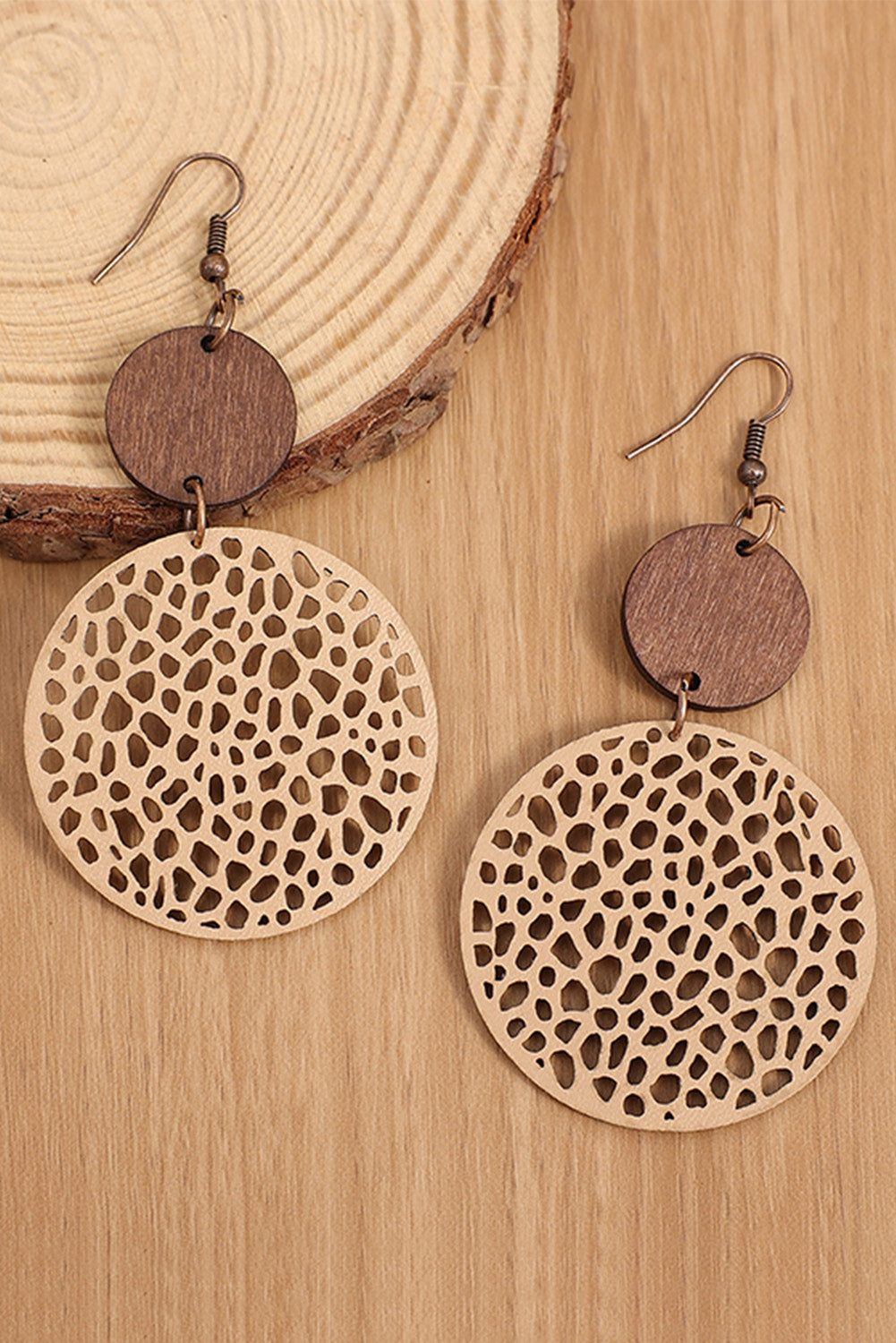 Drop Earrings | Khaki Hollow Out Wooden Round