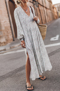 Multicolor Printed Tie V Neck Loose Long Sleeve Split Dress | Dresses/Maxi Dresses