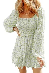 Pear Green Boho Floral Smocked Puff Sleeve Mini Dress | Dresses/Floral Dresses