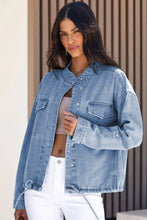 Load image into Gallery viewer, Sky Blue Roll-Up Tab Sleeve Button Down Pocket Denim Jacket | Outerwear/Denim jackets
