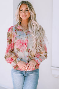 Pink All Floral Puff Sleeve Collared Shirt | Tops/Blouses & Shirts