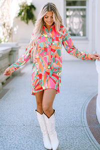 Long Sleeve Shirt Dress | Multi-Color Geometric Abstract Print