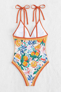 Orange Fruit Plant Print Tied Straps V Neck One Piece Swimsuit | Swimwear/One Piece Swimsuit