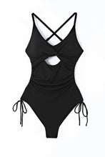 Load image into Gallery viewer, Black Ribbed Sexy Cutout Ruched Monokini | Swimwear/One Piece Swimsuit
