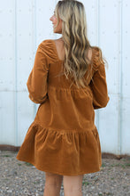 Load image into Gallery viewer, Chestnut Square Neck Puff Sleeve Tiered Corduroy Mini Dress
