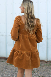 Chestnut Square Neck Puff Sleeve Tiered Corduroy Mini Dress