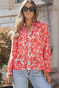 V-Neck Blouse | Fiery Red Floral Ruffled Notched