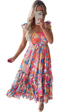 Load image into Gallery viewer, Pink Floral Print Sleeveless Ruffle Tiered Maxi Dress | Dresses/Floral Dresses
