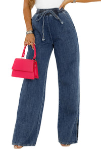 Wide Leg Jeans | Dark Blue Drawstring Elastic Waist