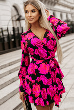 Load image into Gallery viewer, Rose Floral Print V Neck Wrap Bishop Sleeve Ruffle Tiered Mini Dress | Dresses/Floral Dresses

