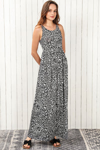 Gray Leopard Print Pocketed Sleeveless Maxi Dress