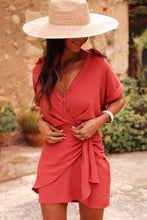 Load image into Gallery viewer, Tomato Red Collared Buttoned Neckline Pleated Wrapped Mini Dress
