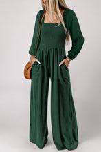 Load image into Gallery viewer, Green Smocked Square Neck Long Sleeve Wide Leg Jumpsuit | Bottoms/Jumpsuits &amp; Rompers
