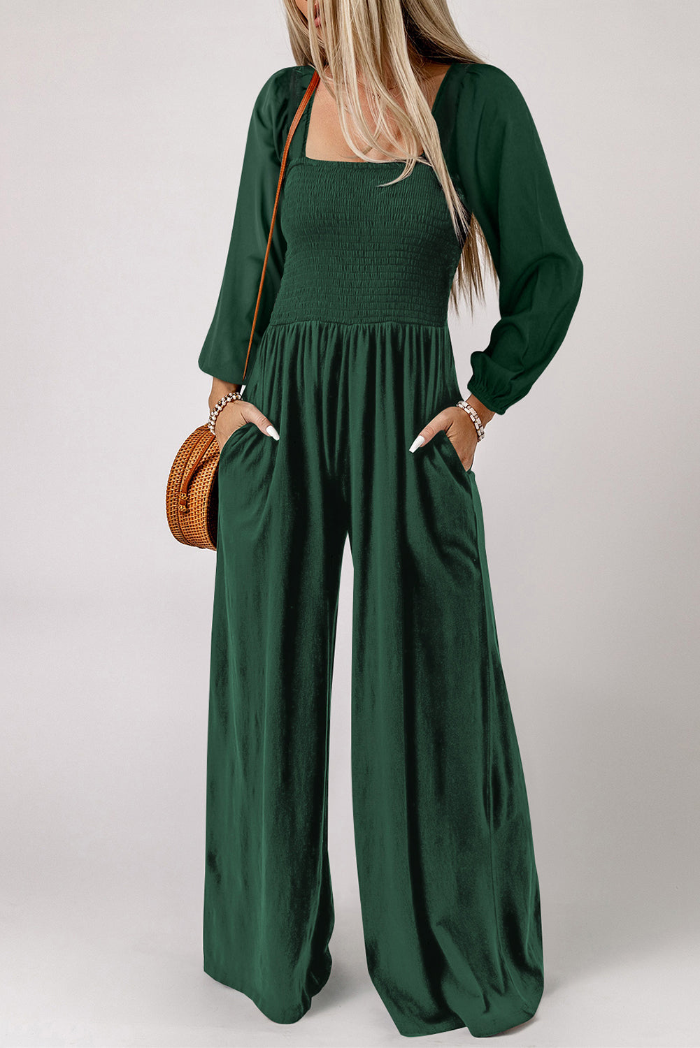 Green Smocked Square Neck Long Sleeve Wide Leg Jumpsuit | Bottoms/Jumpsuits & Rompers