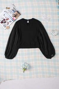 Puff Sleeve Blouse | Black Billowy Mesh Ribbed Top