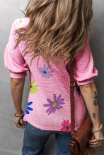 Load image into Gallery viewer, Pink Textured Colorful Floral Print Puff Sleeve T Shirt | Tops/Tops &amp; Tees
