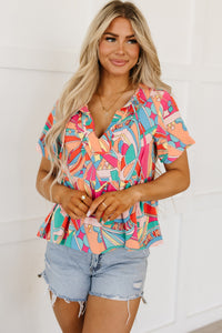 Multicolor Boho Abstract Pattern Split V Neck Flowy Blouse | Tops/Blouses & Shirts