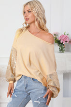 Load image into Gallery viewer, Waffle Knit Top | Apricot Sequin Patchwork Sleeve Open Back
